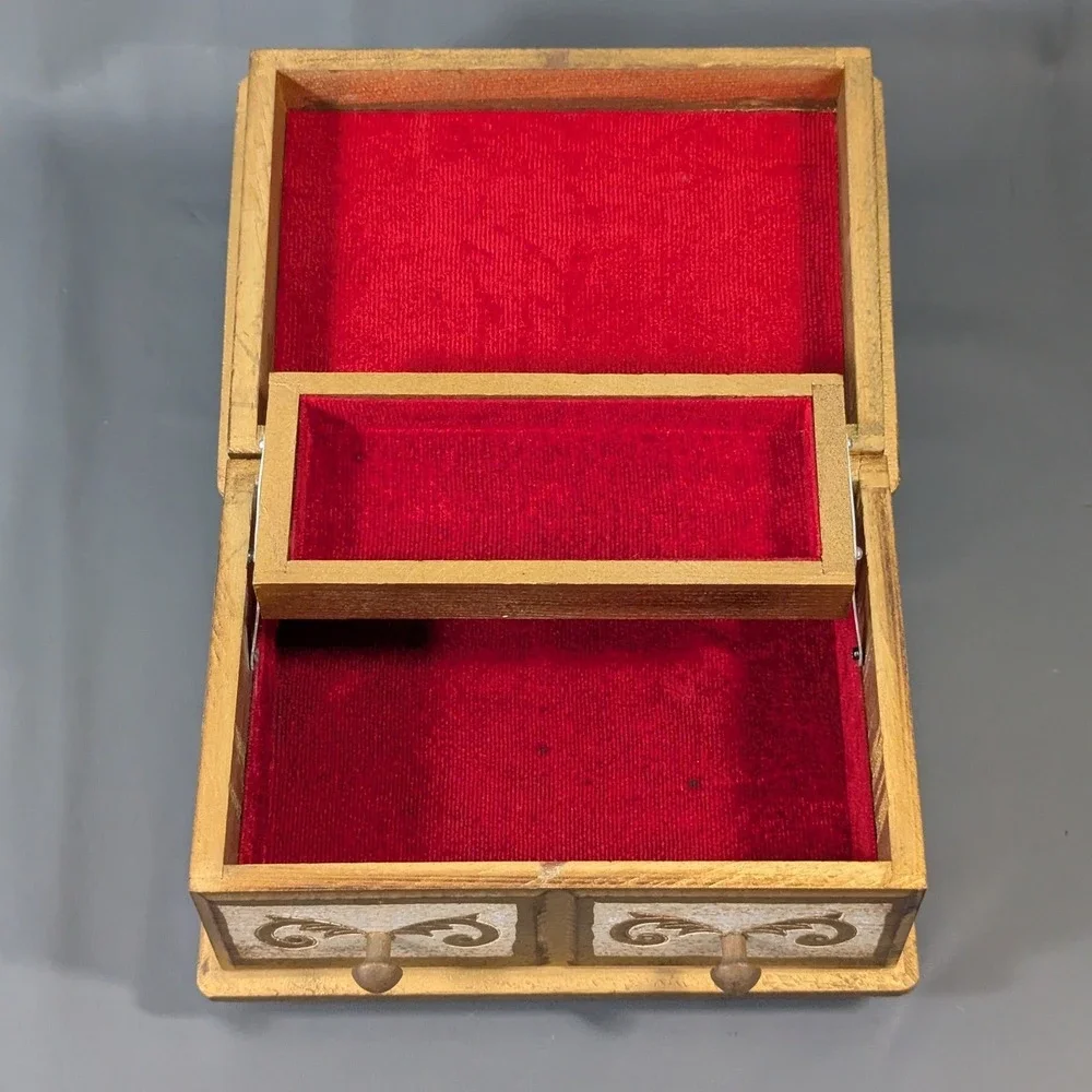 Vintage Gold Wood Jewelry Box Red Velvet Lined Cantilever Tray Scrollwork